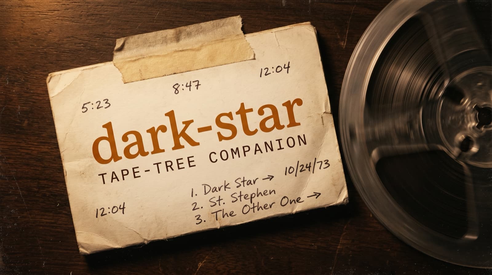 dark-star tape-tree companion — a worn cassette J-card with handwritten timestamps lying on a coffee-brown surface, next to a reel-to-reel tape spinning in warm amber light